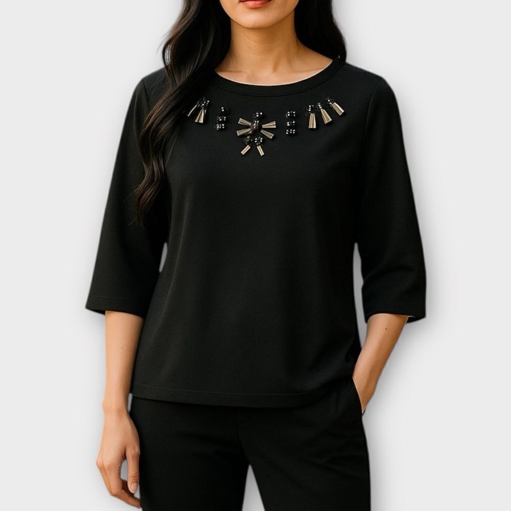 Ann Taylor Black Jewel Neck 3/4 Sleeve Blouse Size Medium